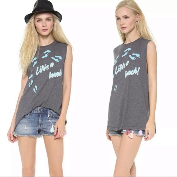 Wildfox Life is a Beach Muscle Tee Tank Grey Small T-Shirt Made in USA Bohemian - Picture 9 of 9